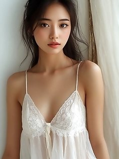 A hot Asian chick in snow white clothes is touching herself driving you wild